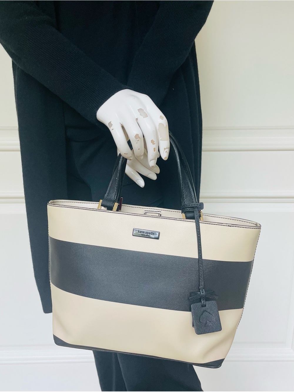Kate Spade Cameron St. Colour Block Satchel Black Cream Crossgrain Leather Tote